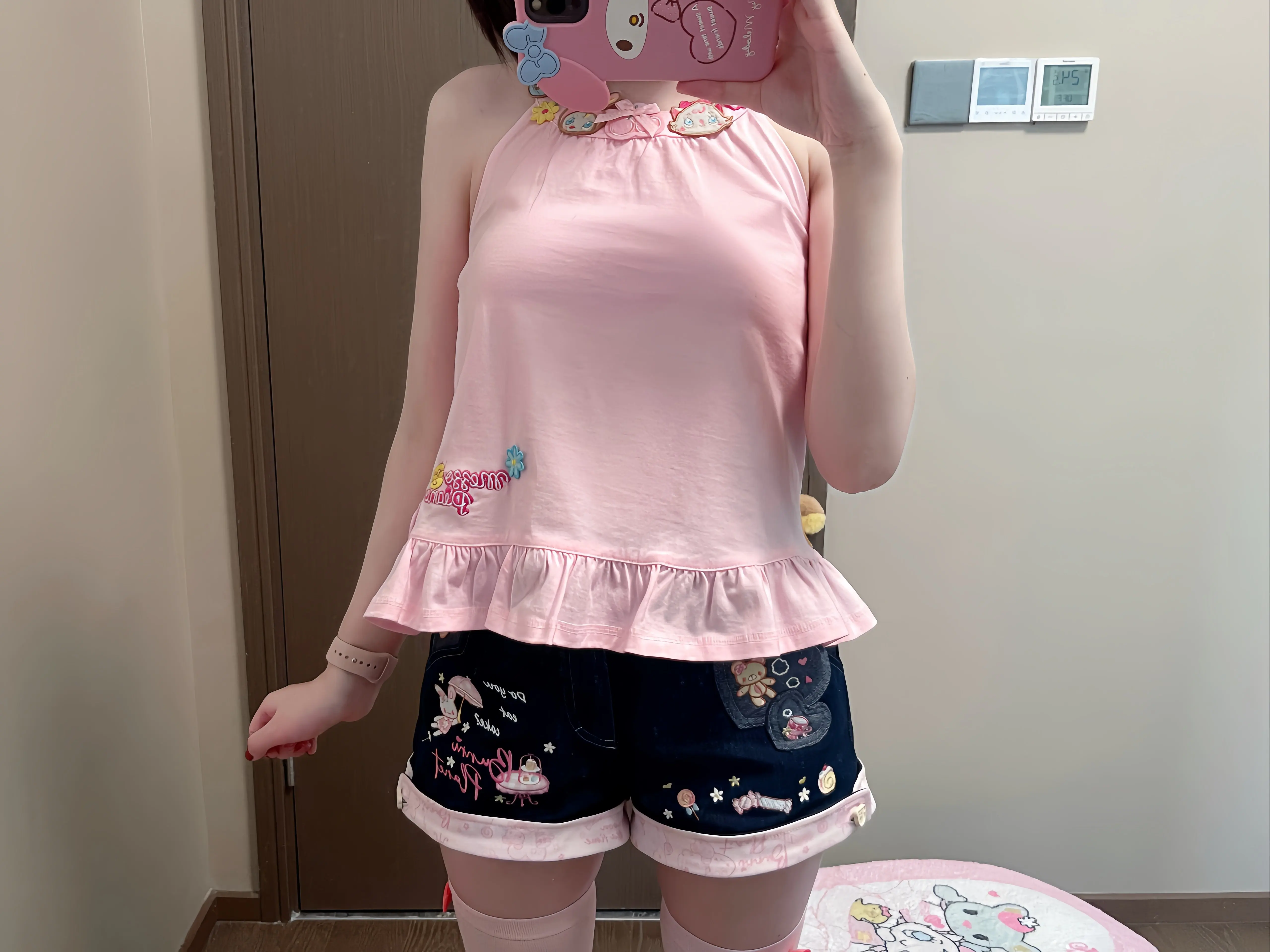 Original Japanese Sweet Girls Cartoon Embroidered Denim Shorts Summer New Daughter Clothing Y2k Shorts Short Sleeve T-shirt