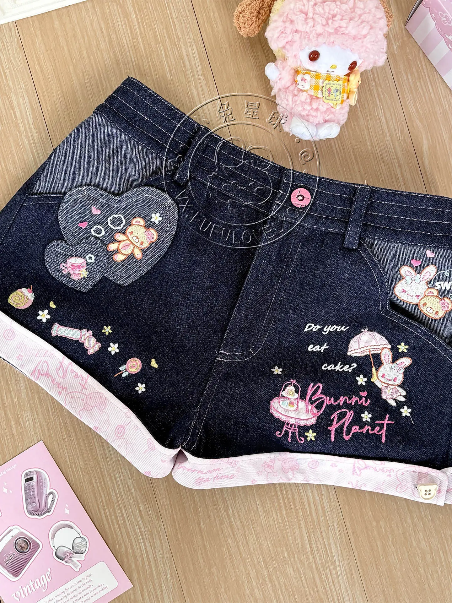 Original Japanese Sweet Girls Cartoon Embroidered Denim Shorts Summer New Daughter Clothing Y2k Shorts Short Sleeve T-shirt