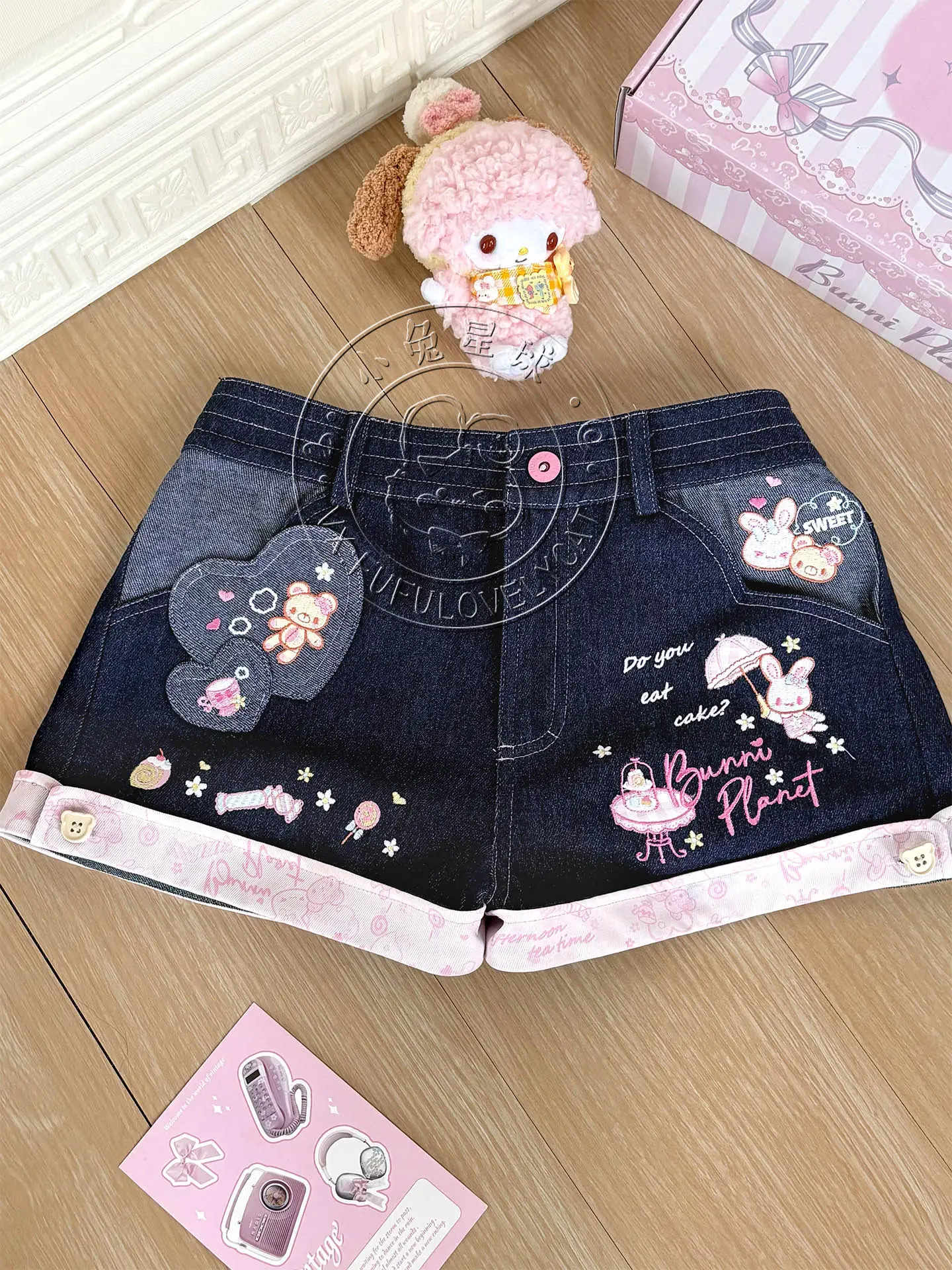 Original Japanese Sweet Girls Cartoon Embroidered Denim Shorts Summer New Daughter Clothing Y2k Shorts Short Sleeve T-shirt