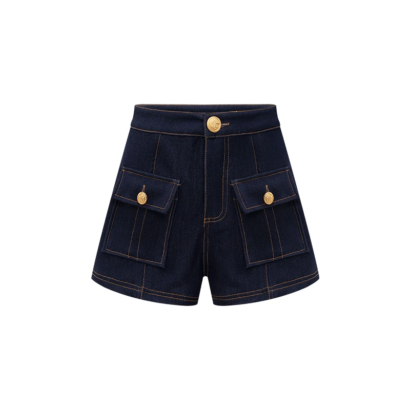 Japanese Spring And Summer Dark Blue High-Waist Button Pocket Line Denim Shorts For Women 2026 American New Fashion Slim Shorts
