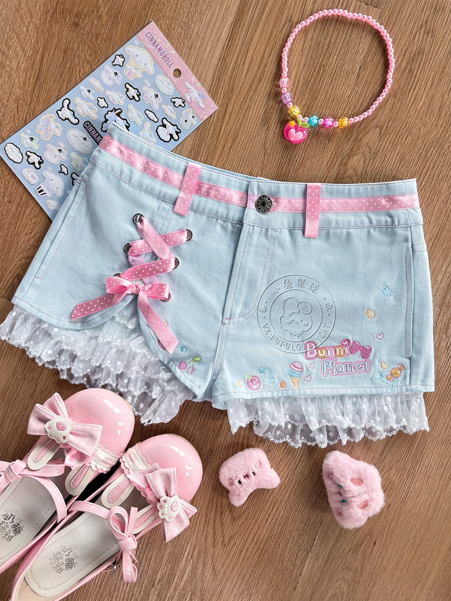 Japanese Soft Girls Kawaii Pink Strap Shorts Detachable Summer New Girl's Cute Bow Lace Embroidery Shorts Daughter's Clothing