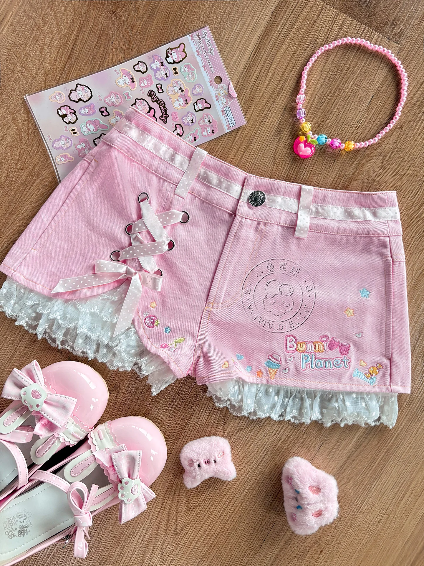 Japanese Soft Girls Kawaii Pink Strap Shorts Detachable Summer New Girl's Cute Bow Lace Embroidery Shorts Daughter's Clothing