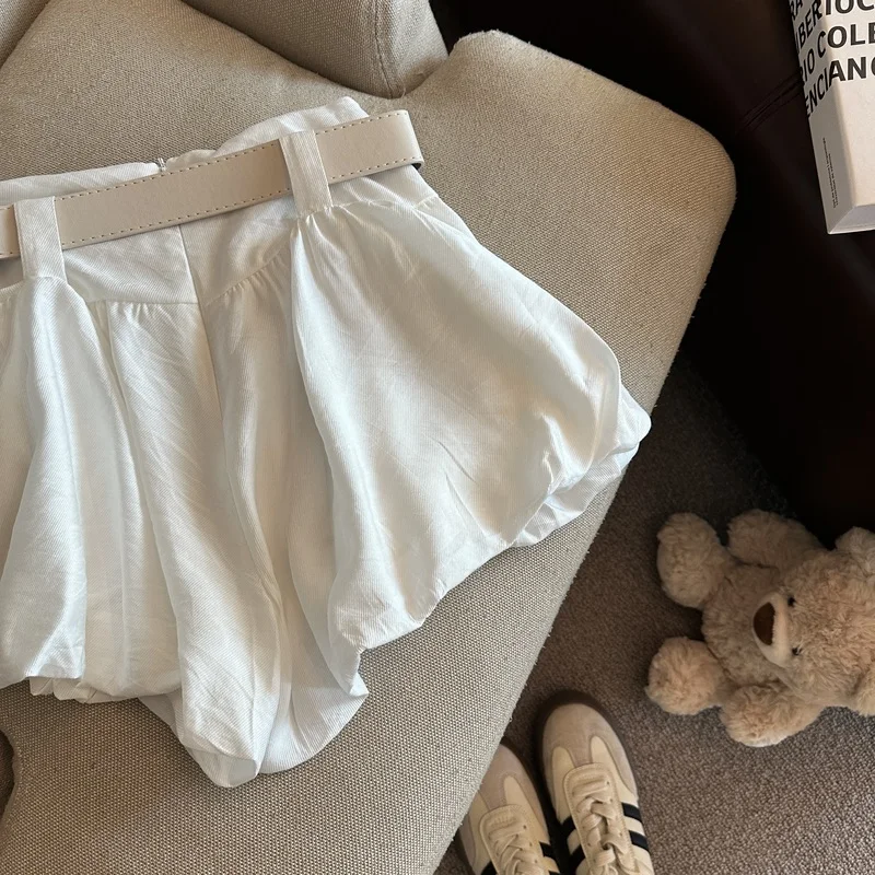MEXZT Streetwear Belt Shorts Women Fashion Black High Waist Bud Shorts Summer Korean White Casual Design A Line Short Pants New