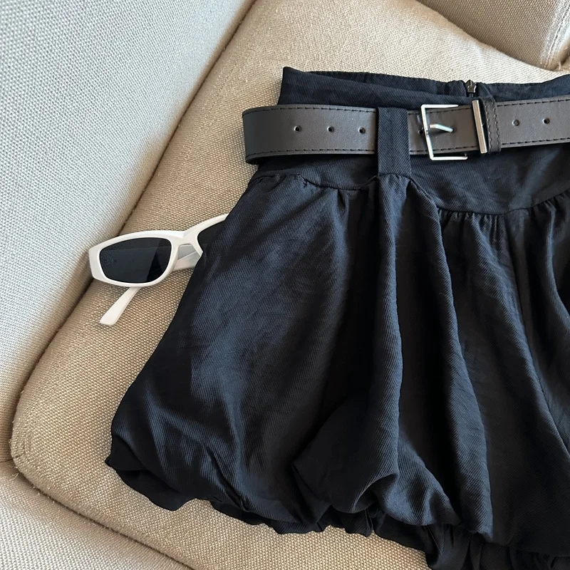 MEXZT Streetwear Belt Shorts Women Fashion Black High Waist Bud Shorts Summer Korean White Casual Design A Line Short Pants New