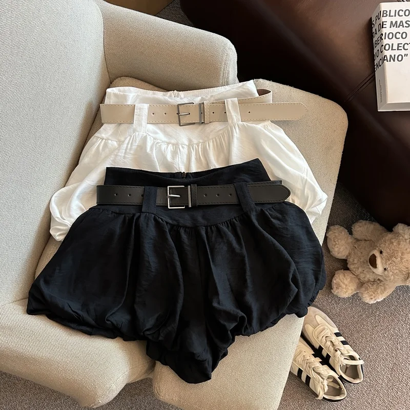MEXZT Streetwear Belt Shorts Women Fashion Black High Waist Bud Shorts Summer Korean White Casual Design A Line Short Pants New