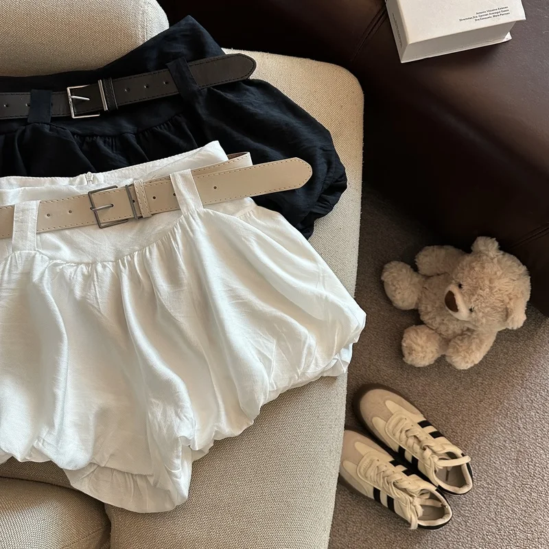 MEXZT Streetwear Belt Shorts Women Fashion Black High Waist Bud Shorts Summer Korean White Casual Design A Line Short Pants New