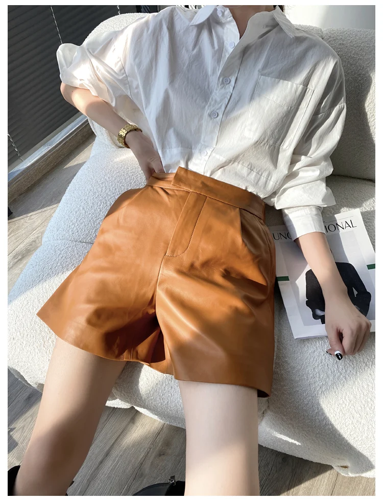 Classic Simple Imported Lambskin Shorts For Women Femme Elastic Waist Wide Leg Pocket Bermuda Leather Pants Mujer Slim Trousers
