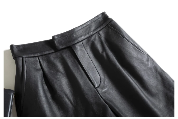 Classic Simple Imported Lambskin Shorts For Women Femme Elastic Waist Wide Leg Pocket Bermuda Leather Pants Mujer Slim Trousers