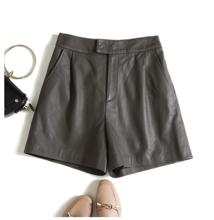 Classic Simple Imported Lambskin Shorts For Women Femme Elastic Waist Wide Leg Pocket Bermuda Leather Pants Mujer Slim Trousers