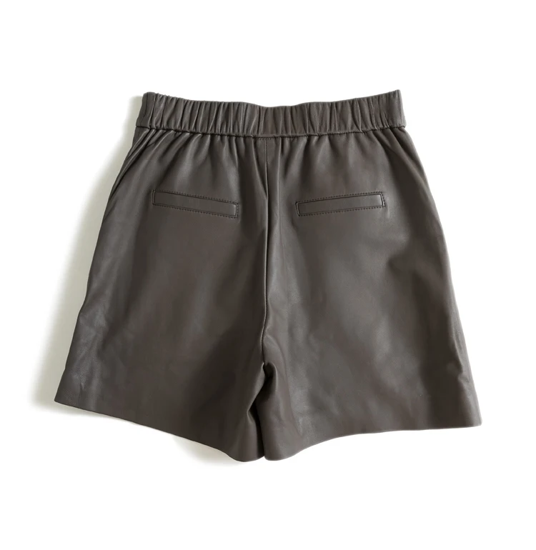 Classic Simple Imported Lambskin Shorts For Women Femme Elastic Waist Wide Leg Pocket Bermuda Leather Pants Mujer Slim Trousers