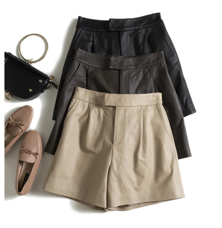 Classic Simple Imported Lambskin Shorts For Women Femme Elastic Waist Wide Leg Pocket Bermuda Leather Pants Mujer Slim Trousers