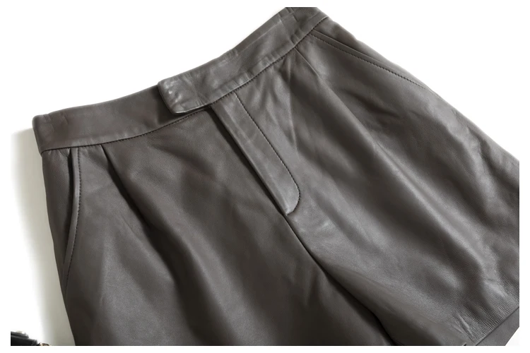 Classic Simple Imported Lambskin Shorts For Women Femme Elastic Waist Wide Leg Pocket Bermuda Leather Pants Mujer Slim Trousers