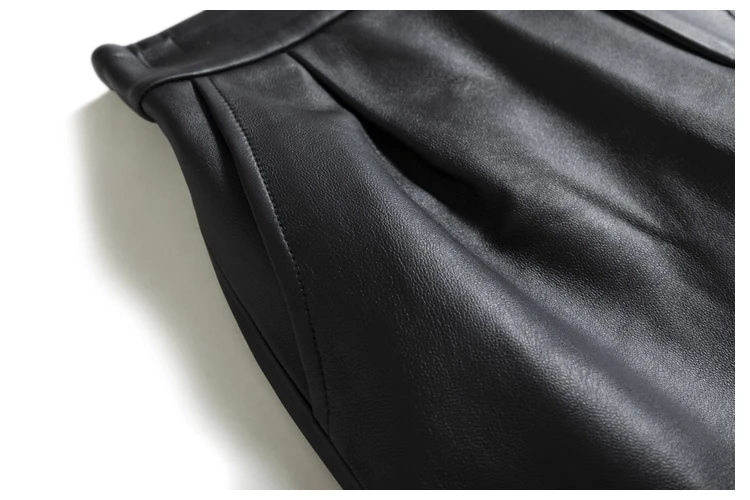 Classic Simple Imported Lambskin Shorts For Women Femme Elastic Waist Wide Leg Pocket Bermuda Leather Pants Mujer Slim Trousers