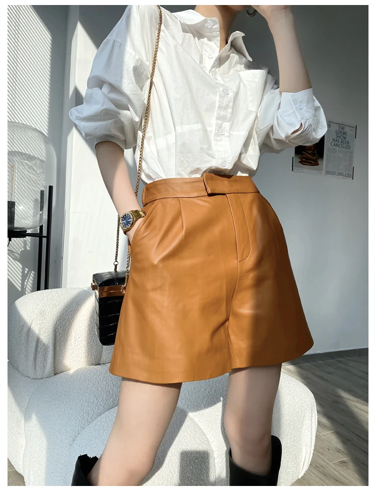Classic Simple Imported Lambskin Shorts For Women Femme Elastic Waist Wide Leg Pocket Bermuda Leather Pants Mujer Slim Trousers