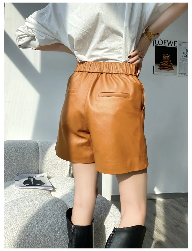 Classic Simple Imported Lambskin Shorts For Women Femme Elastic Waist Wide Leg Pocket Bermuda Leather Pants Mujer Slim Trousers