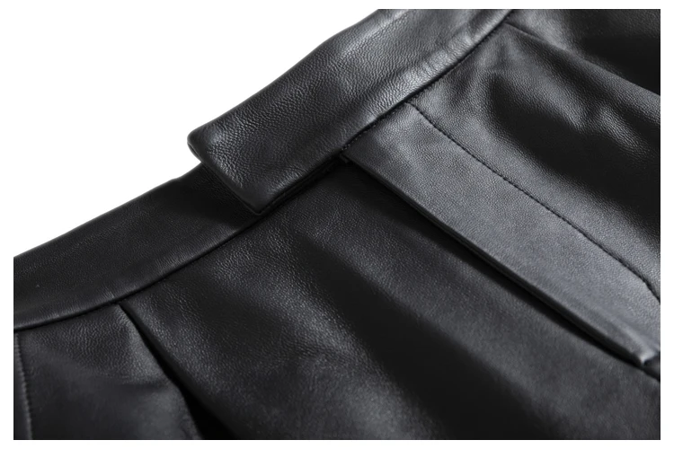 Classic Simple Imported Lambskin Shorts For Women Femme Elastic Waist Wide Leg Pocket Bermuda Leather Pants Mujer Slim Trousers