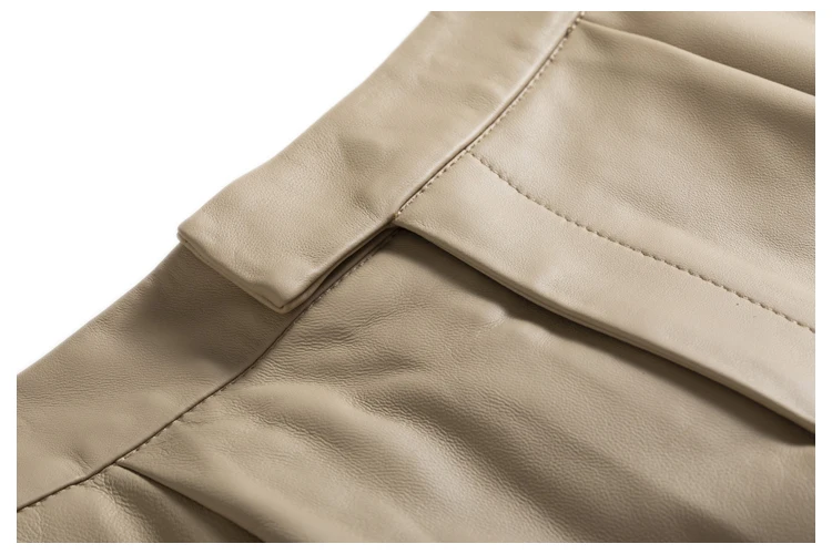Classic Simple Imported Lambskin Shorts For Women Femme Elastic Waist Wide Leg Pocket Bermuda Leather Pants Mujer Slim Trousers