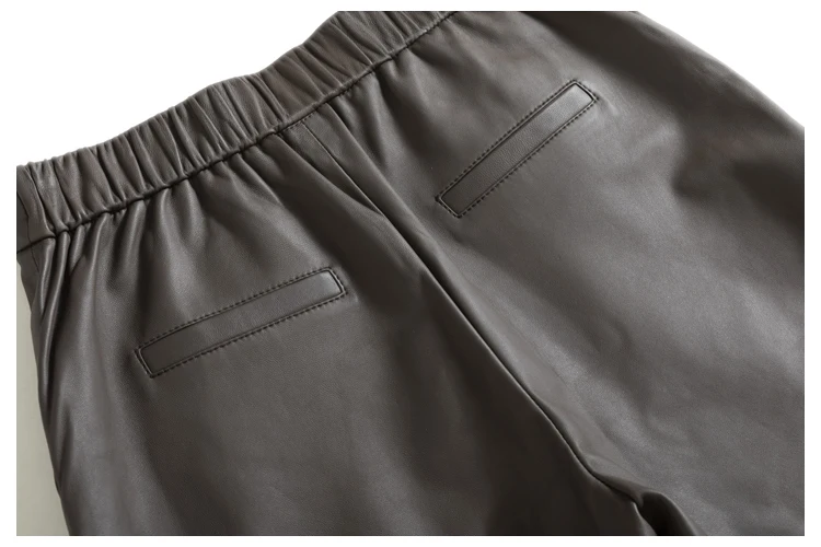 Classic Simple Imported Lambskin Shorts For Women Femme Elastic Waist Wide Leg Pocket Bermuda Leather Pants Mujer Slim Trousers