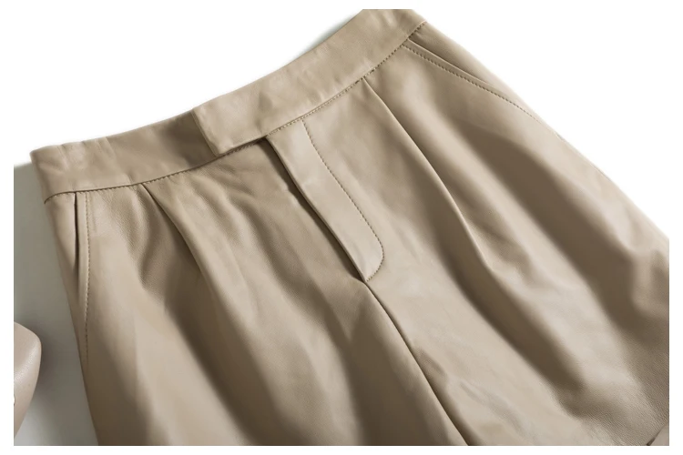 Classic Simple Imported Lambskin Shorts For Women Femme Elastic Waist Wide Leg Pocket Bermuda Leather Pants Mujer Slim Trousers