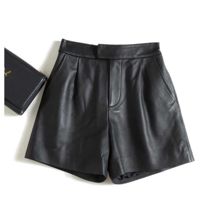 Classic Simple Imported Lambskin Shorts For Women Femme Elastic Waist Wide Leg Pocket Bermuda Leather Pants Mujer Slim Trousers