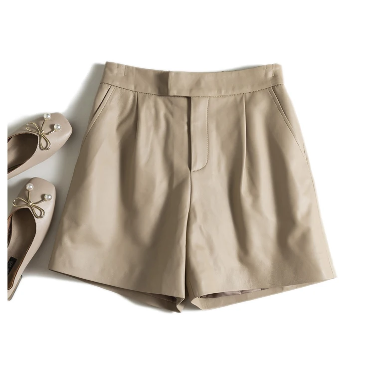 Classic Simple Imported Lambskin Shorts For Women Femme Elastic Waist Wide Leg Pocket Bermuda Leather Pants Mujer Slim Trousers