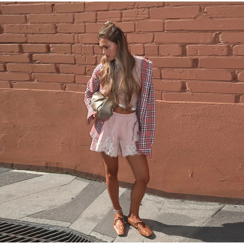 Sexy Satin Shorts Women Loose Elastic Waist Chic Fashion Solid Patchwork Lace Shorts Female 2025 Summer New Party Streetwears
