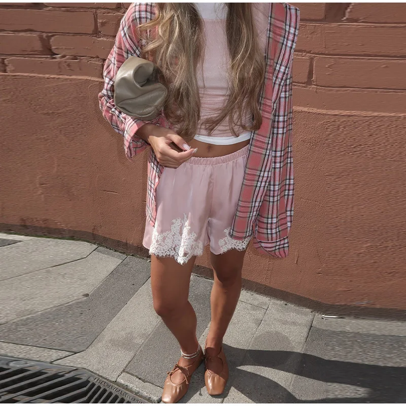 Sexy Satin Shorts Women Loose Elastic Waist Chic Fashion Solid Patchwork Lace Shorts Female 2025 Summer New Party Streetwears