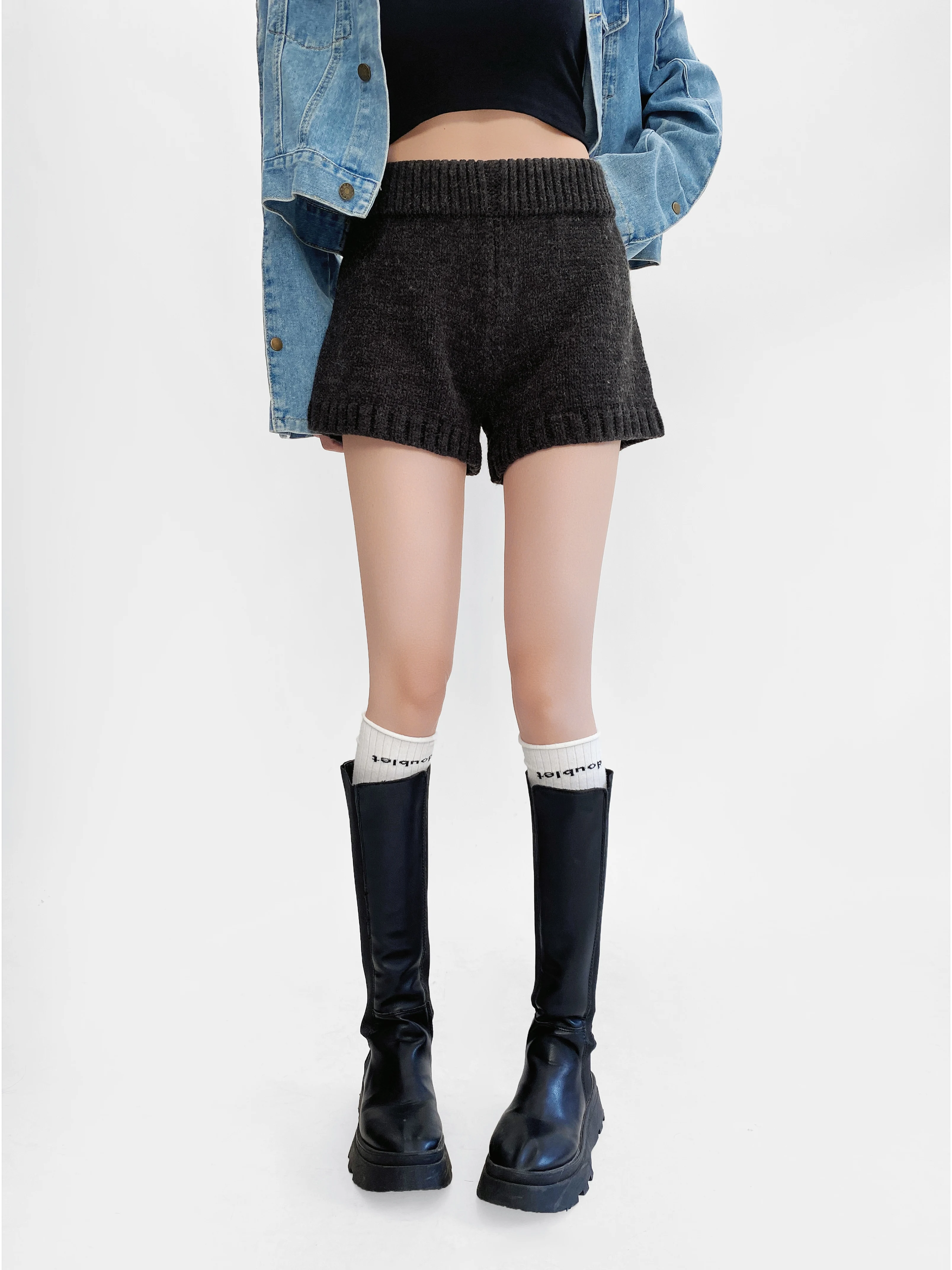 Spring Women Straight Knitting Shorts Girl's Elastic Middle Waist Short Pants Dark Gray Light Gray