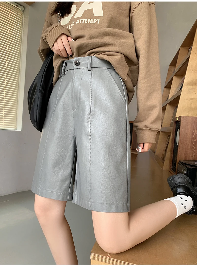Fashion Elastic Waist PU Bermuda Shorts Women Black Pants Loose Casual Faux Leather Shorts Y2K Harajuku Wide Leg Half Shorts