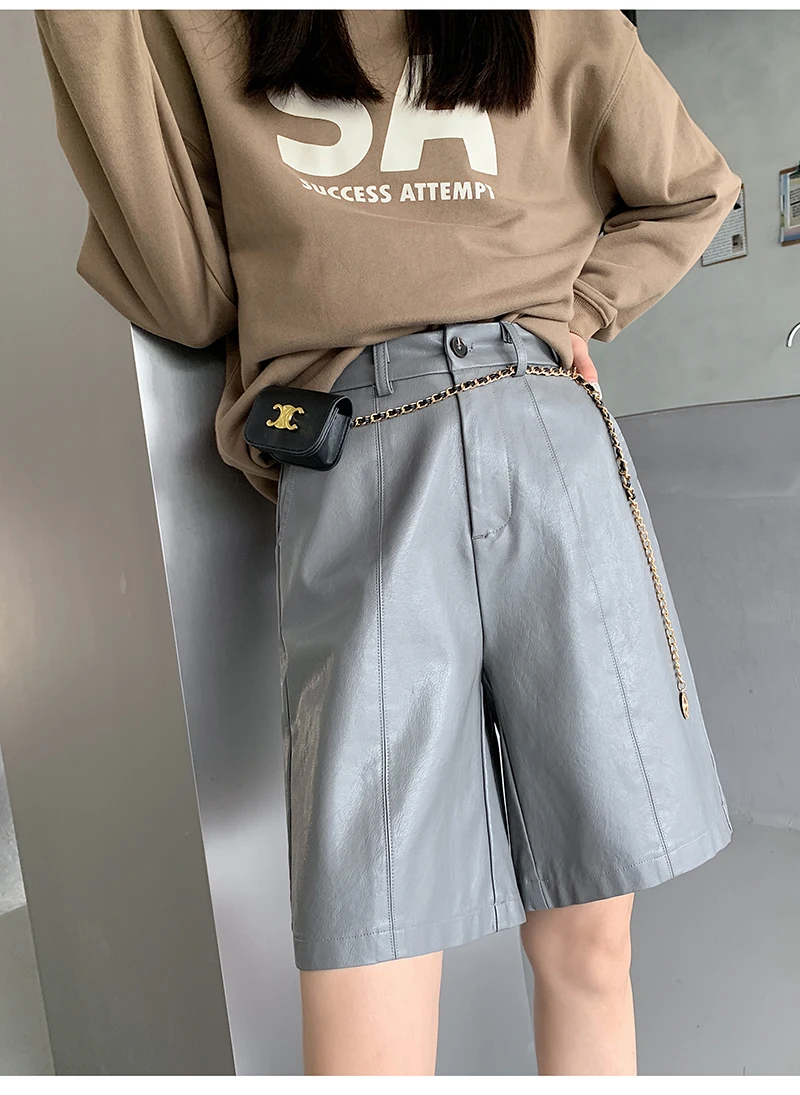 Fashion Elastic Waist PU Bermuda Shorts Women Black Pants Loose Casual Faux Leather Shorts Y2K Harajuku Wide Leg Half Shorts