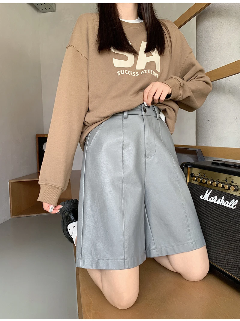 Fashion Elastic Waist PU Bermuda Shorts Women Black Pants Loose Casual Faux Leather Shorts Y2K Harajuku Wide Leg Half Shorts