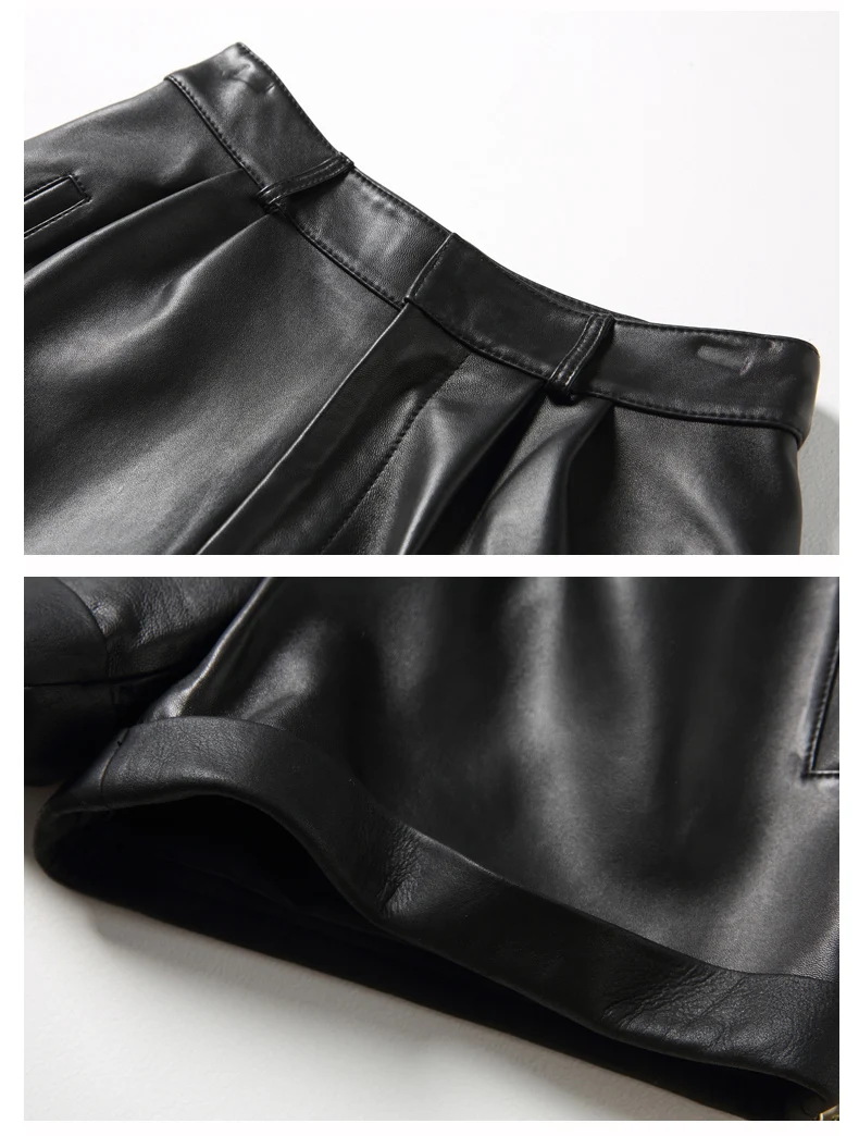2026 Winter Women European/American Fashion Genuine Leather Shorts Real Lambskin High Waist Flanging Wide Leg Trousers Boots