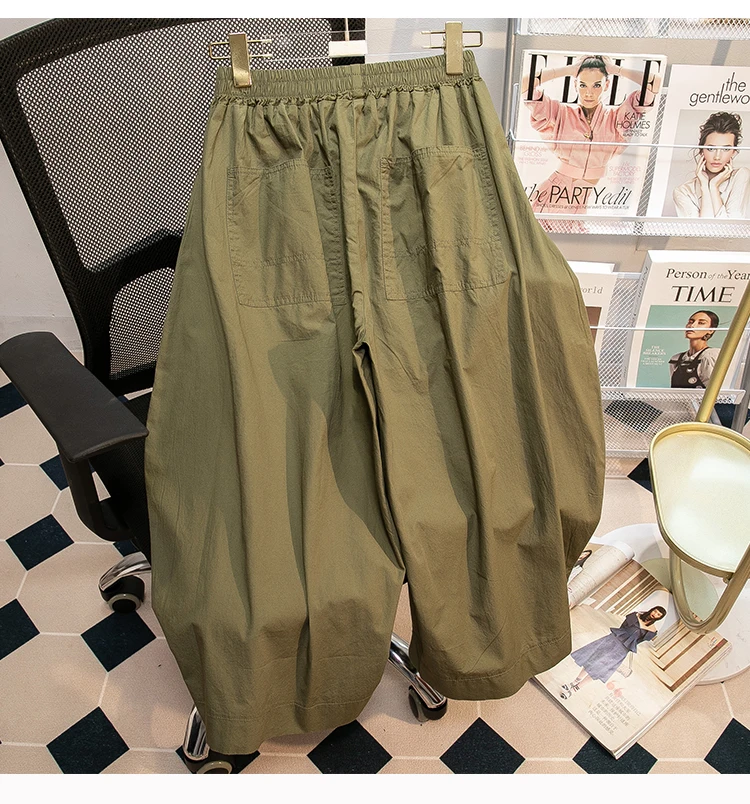 Retro Black Leisure Comfortable Shorts Women Summer New Green Elastic High Waist Loose Wide Leg Ankle-length Pants Oversized New
