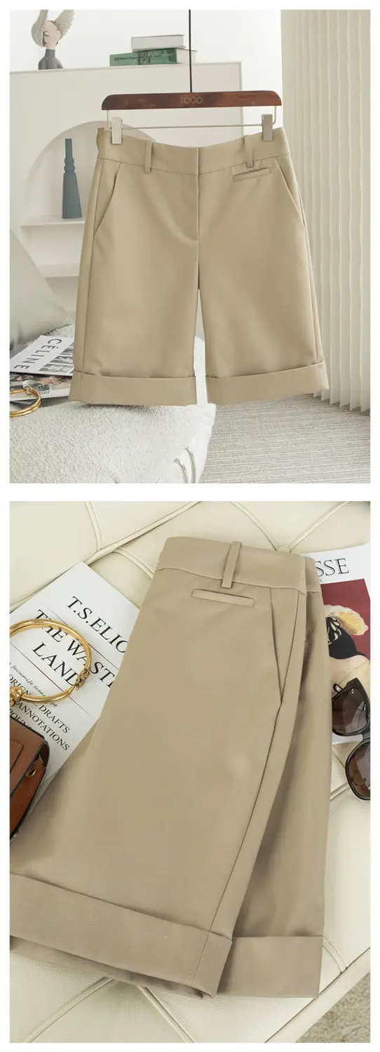 Women's Summer Shorts High Waist Knee Length Straight Pants with Belt Office Khaki White Black Casual Short Pants Women Fashion