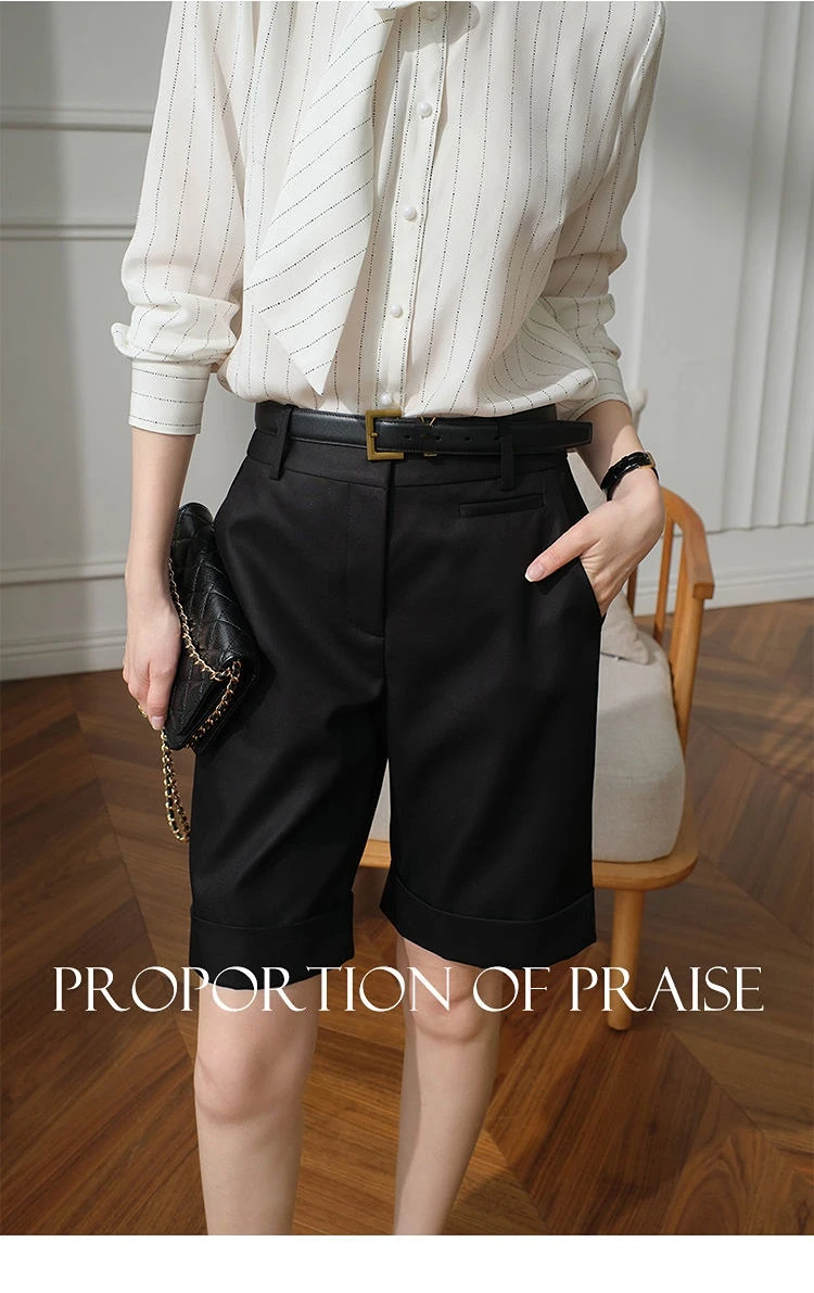 Women's Summer Shorts High Waist Knee Length Straight Pants with Belt Office Khaki White Black Casual Short Pants Women Fashion