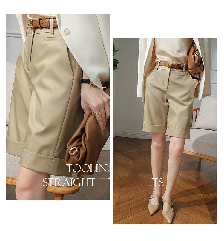 Women's Summer Shorts High Waist Knee Length Straight Pants with Belt Office Khaki White Black Casual Short Pants Women Fashion