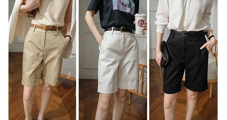 Women's Summer Shorts High Waist Knee Length Straight Pants with Belt Office Khaki White Black Casual Short Pants Women Fashion