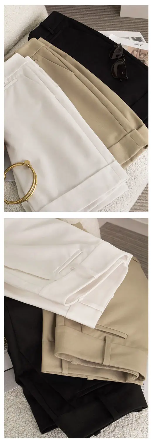 Women's Summer Shorts High Waist Knee Length Straight Pants with Belt Office Khaki White Black Casual Short Pants Women Fashion