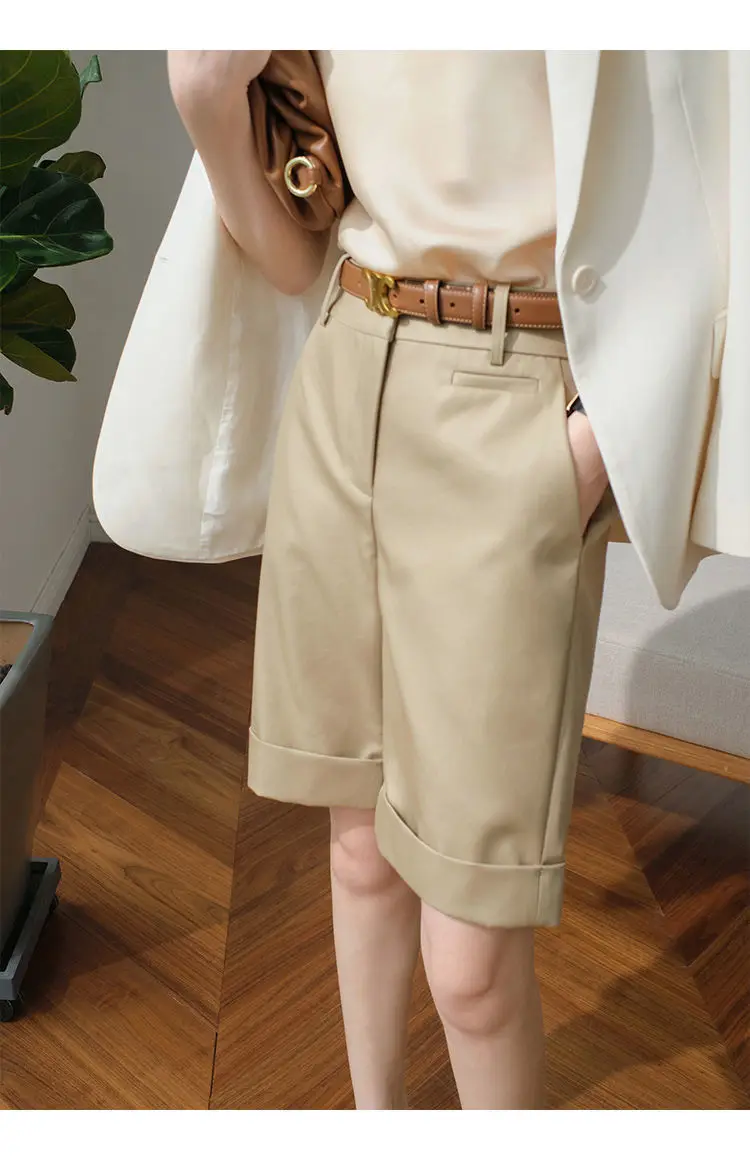 Women's Summer Shorts High Waist Knee Length Straight Pants with Belt Office Khaki White Black Casual Short Pants Women Fashion