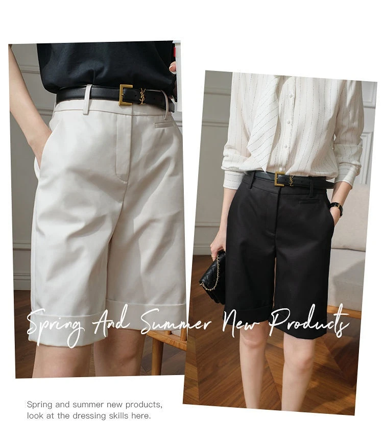 Women's Summer Shorts High Waist Knee Length Straight Pants with Belt Office Khaki White Black Casual Short Pants Women Fashion