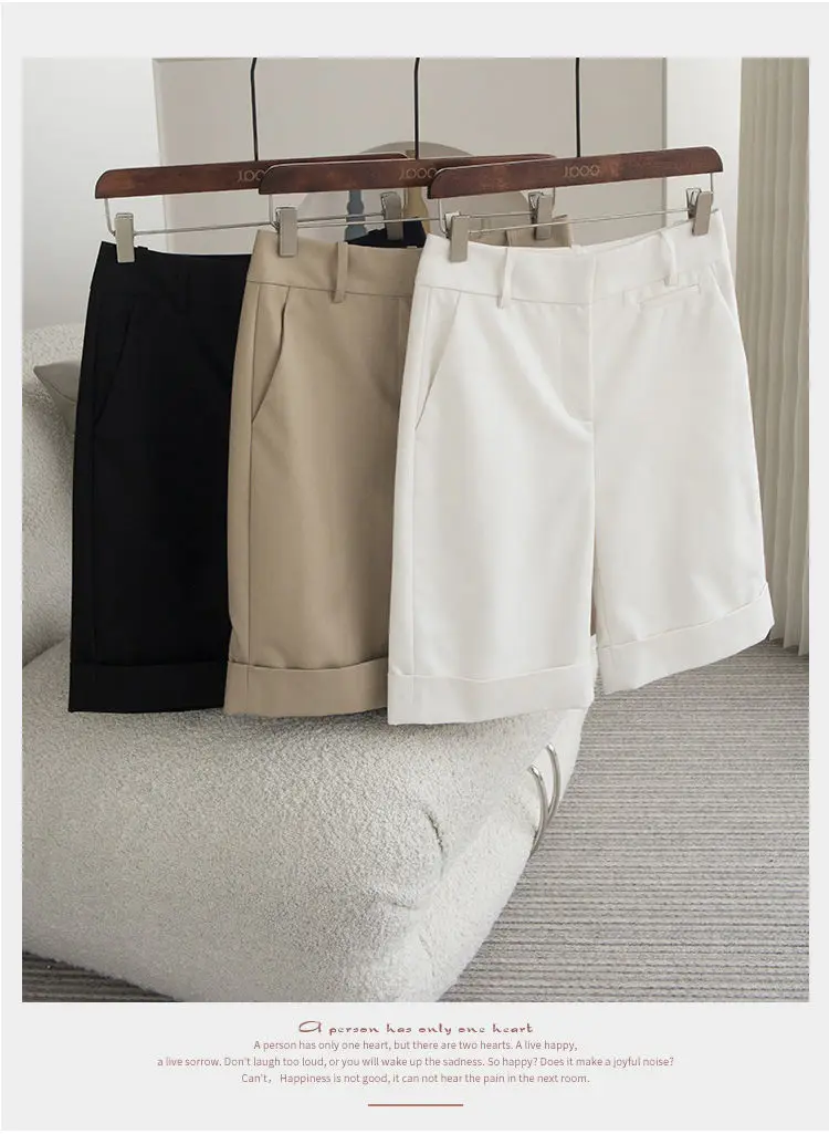 Women's Summer Shorts High Waist Knee Length Straight Pants with Belt Office Khaki White Black Casual Short Pants Women Fashion