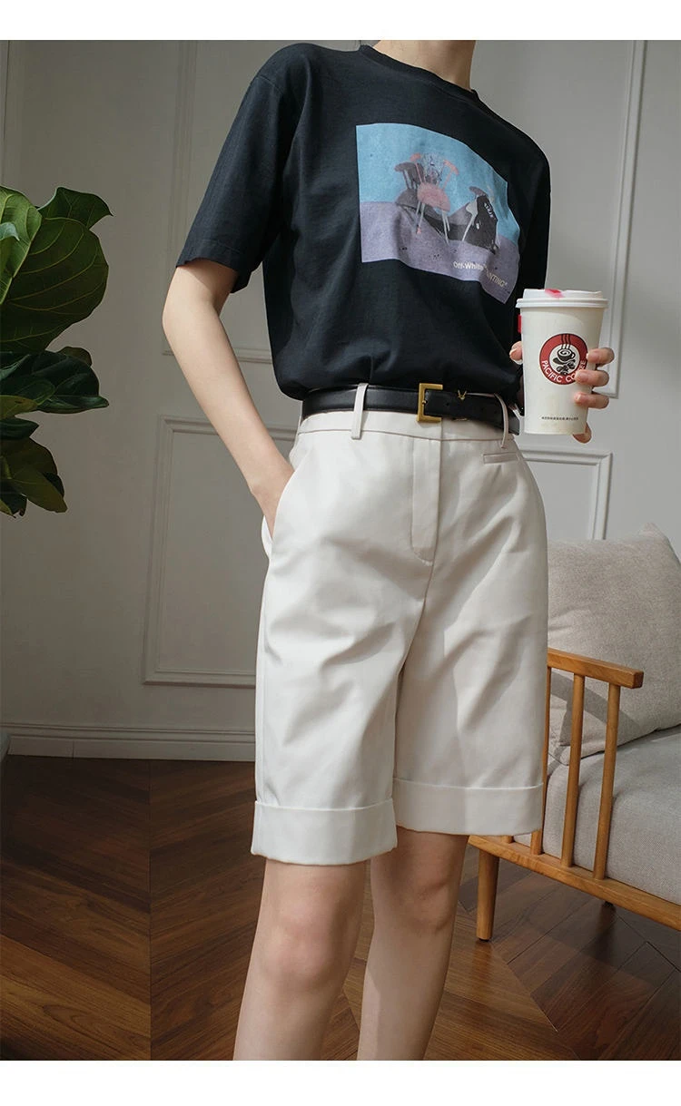 Women's Summer Shorts High Waist Knee Length Straight Pants with Belt Office Khaki White Black Casual Short Pants Women Fashion