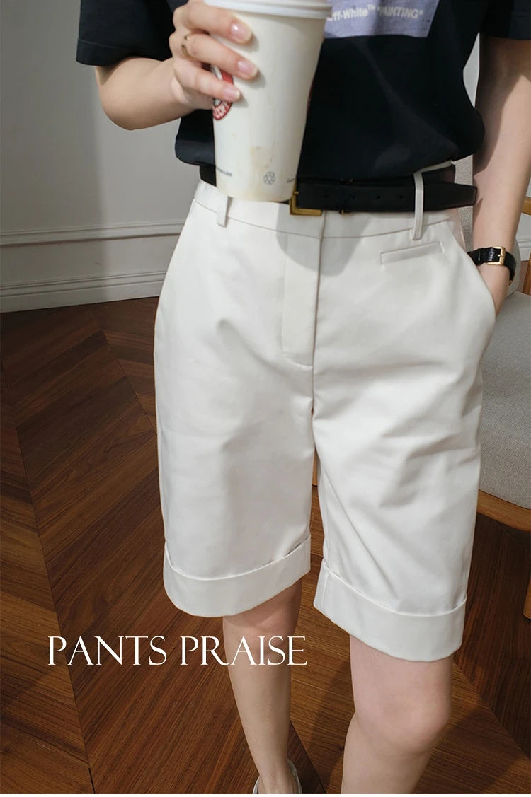 Women's Summer Shorts High Waist Knee Length Straight Pants with Belt Office Khaki White Black Casual Short Pants Women Fashion