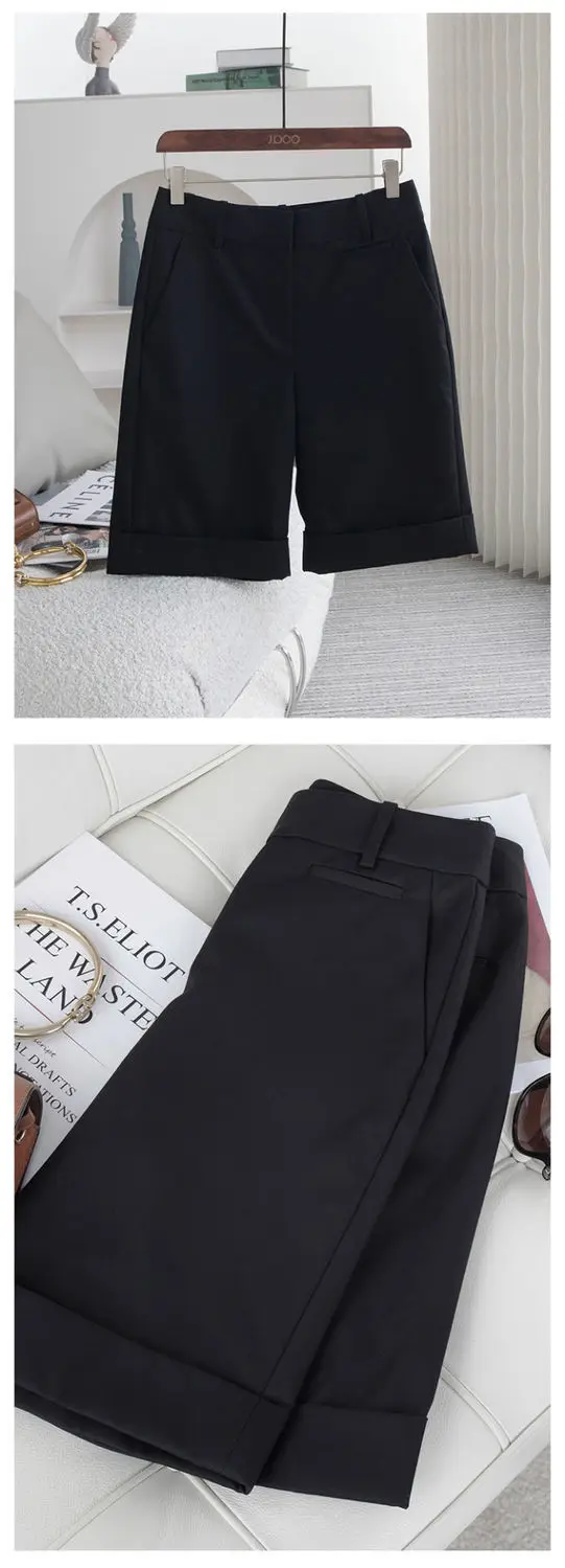 Women's Summer Shorts High Waist Knee Length Straight Pants with Belt Office Khaki White Black Casual Short Pants Women Fashion
