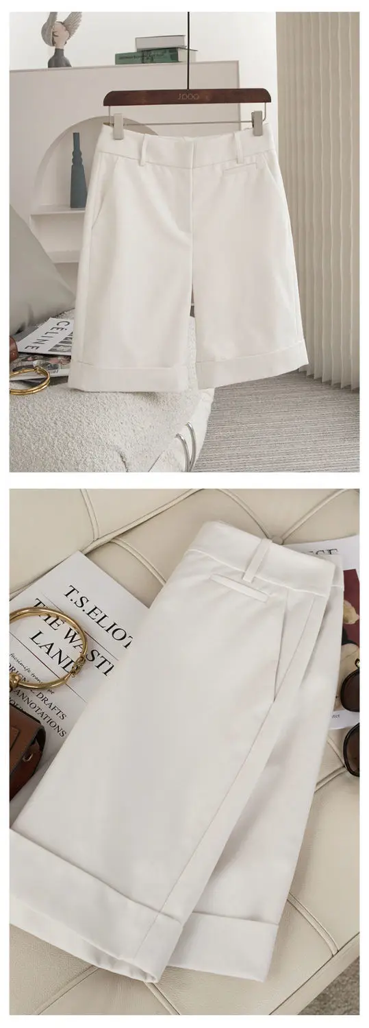 Women's Summer Shorts High Waist Knee Length Straight Pants with Belt Office Khaki White Black Casual Short Pants Women Fashion