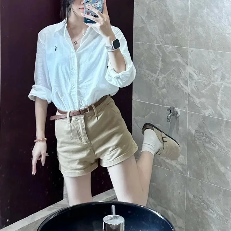 Khaki Casual Shorts for Women Summer All-Match Stretch Denim Straight Shorts Ladies Korean Simple with Belt Hot Short Pants