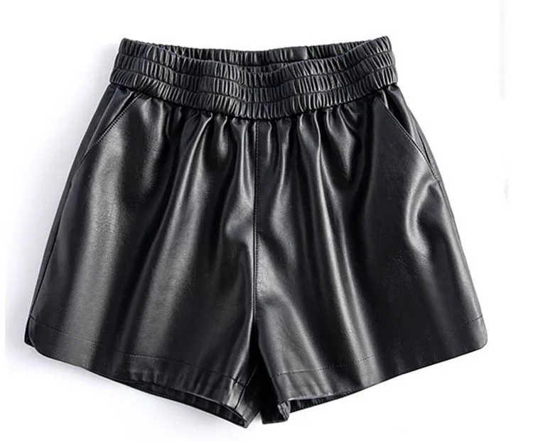 New 2024 Real Leather Shorts for Women Wide Leg Short Women Genuine Sheepskin Leather Pants High Waist Black Shorts Ropa Mujer