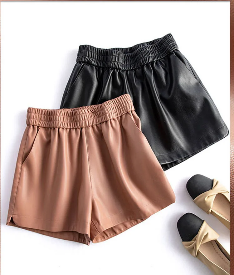 New 2024 Real Leather Shorts for Women Wide Leg Short Women Genuine Sheepskin Leather Pants High Waist Black Shorts Ropa Mujer