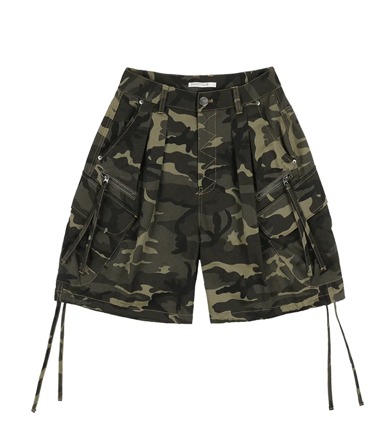 Women's Techwear Camo Cargo Shorts Streetwear High Waist Loose Multi-Pocket Zipper Drawstring Casual Harajuku Summer Bottoms