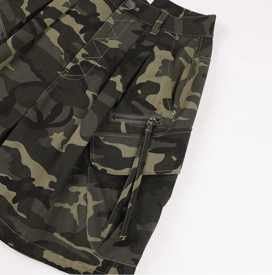 Women's Techwear Camo Cargo Shorts Streetwear High Waist Loose Multi-Pocket Zipper Drawstring Casual Harajuku Summer Bottoms